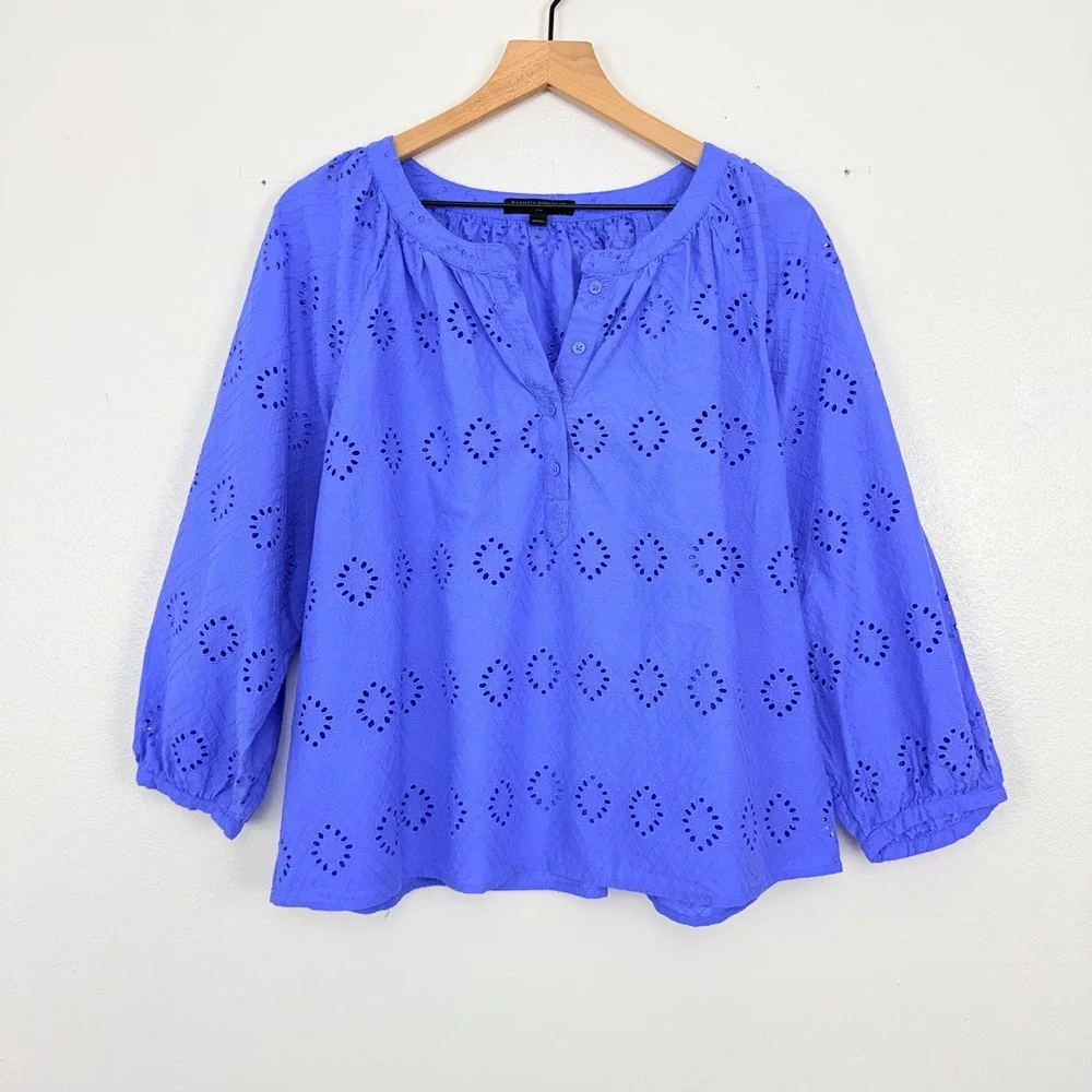 Banana Republic Eyelet Blouse Womens L Blue‎ Henley 3/4 Puff Sleeve Top Cotton